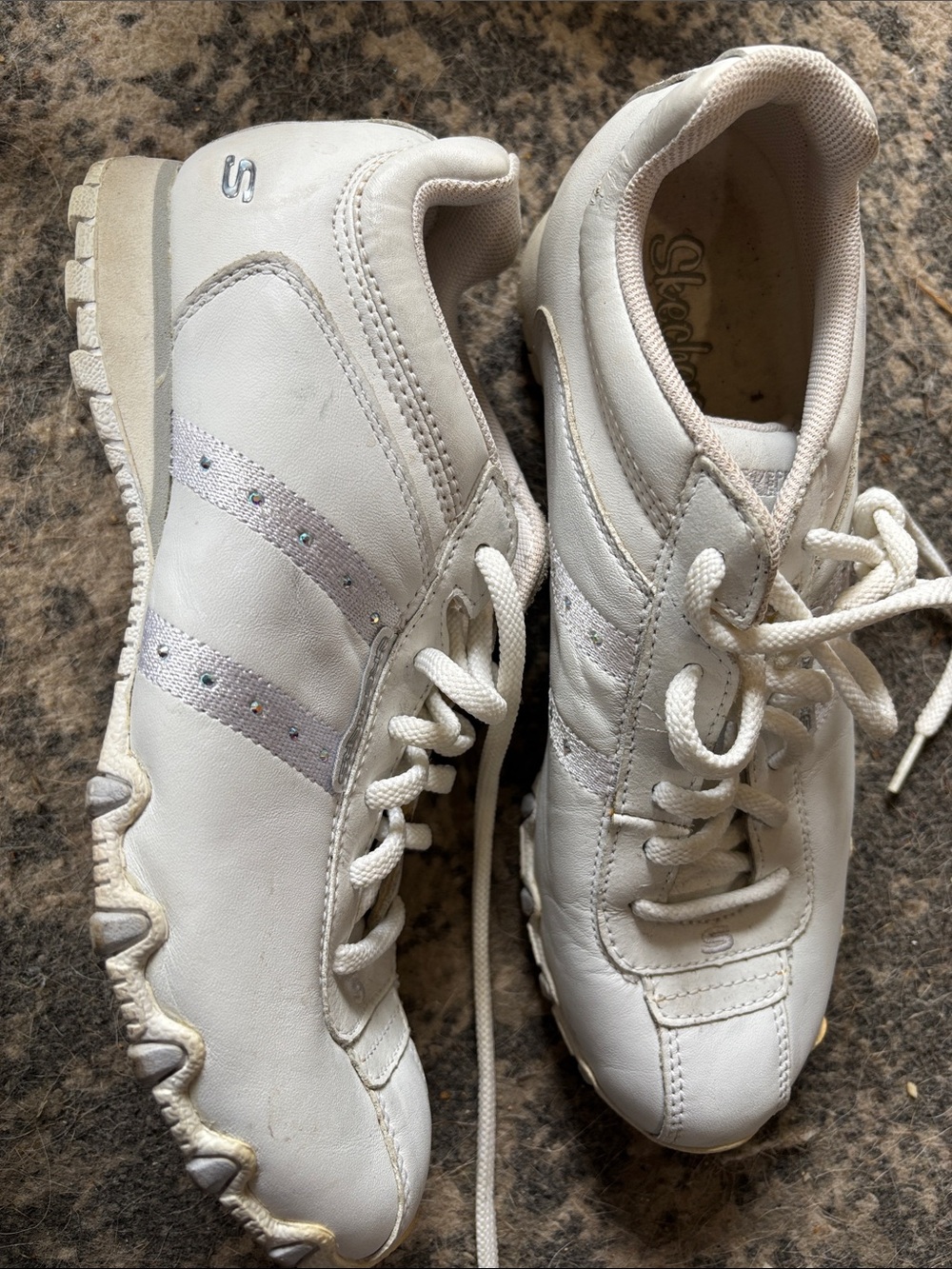 Skechers White Lace-Up Athletic Sneakers with Silver Stripes
